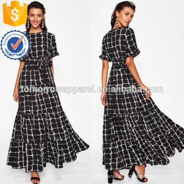 Frilled Sleeve Brush Stroke Grid Tiered Dress Manufacture Wholesale Fashion Women Apparel (TA3216D)